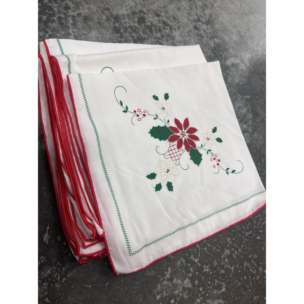 Vintage Christmas Poinsettia Embroidered Cloth Napkins Set of 6 White Red Green
